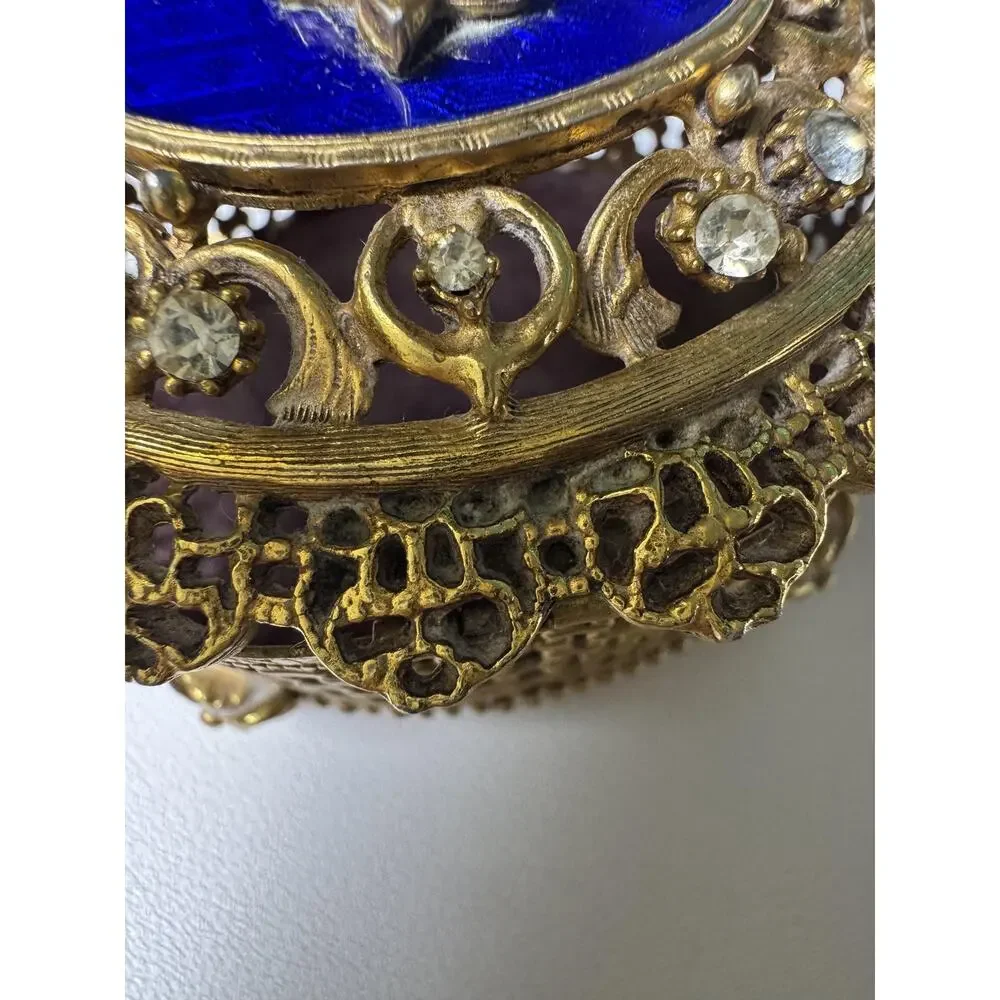 Vintage Florenza Jeweled Filigree Trinket Box Cobalt Blue Enamel Footed Oval